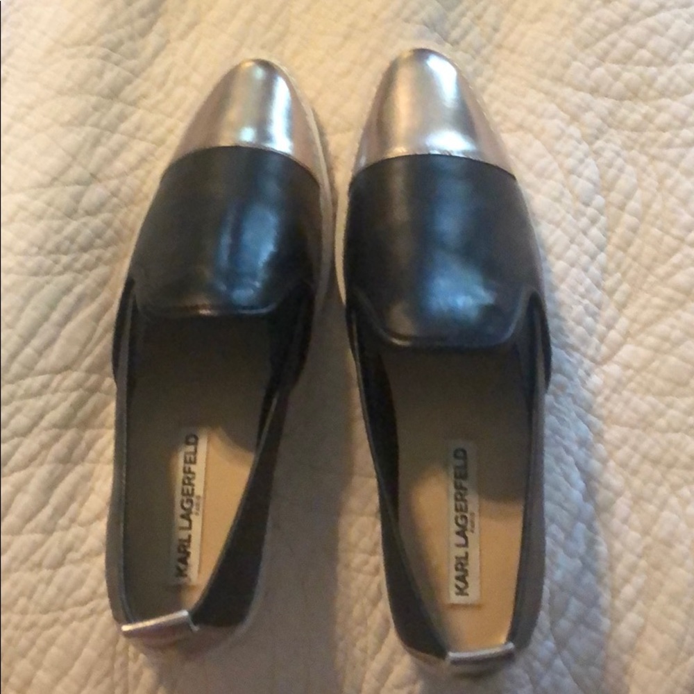 Karl lagerfeld gold metallic toe slip ons